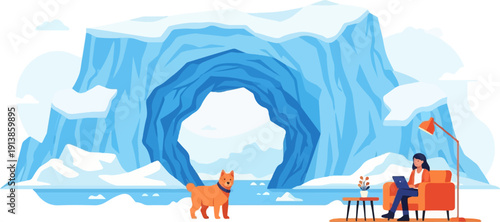 Person working on laptop in an armchair with dog and icebergs in background