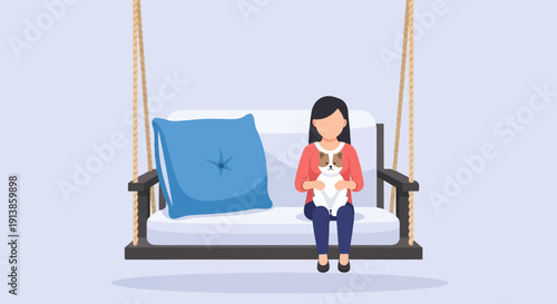 Person on a swing with a cat and pillow on a light blue background