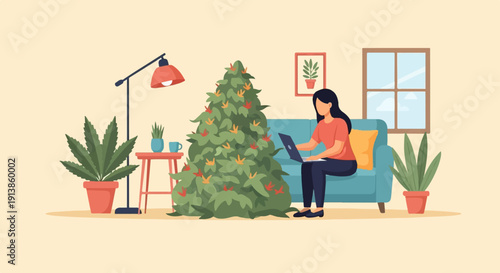 Person working on laptop next to Christmas tree and plants indoors
