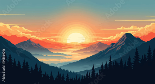 Pixelated mountain range with vibrant sunset and layered mist