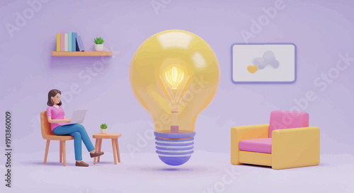 Person working on laptop near glowing lightbulb and armchair