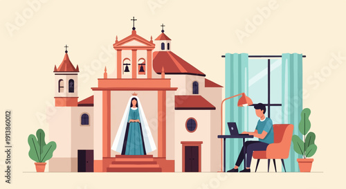 Person working on laptop near church with statue and plants