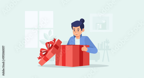 Person opening a large red gift box with a bow, inside a room