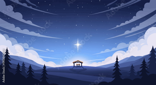 Pixelated nativity scene under a starry, cloudy night sky with a bright guiding star