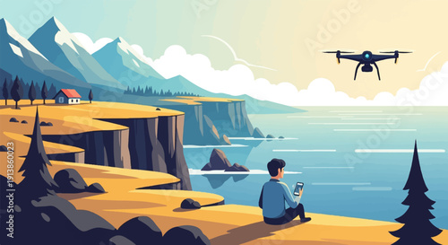 Person operating drone with smartphone on cliff overlooking ocean with mountains