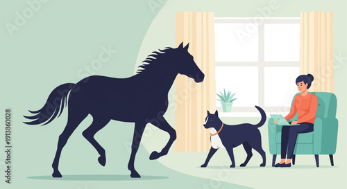 Person working on laptop with dog and horse silhouette