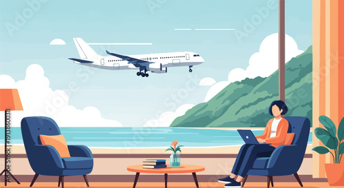 Person working on laptop with airplane overhead, ocean, and mountains view