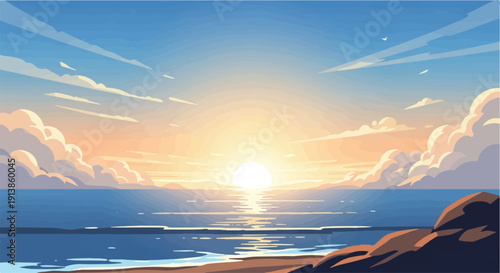 Pixelated ocean sunset with sun reflecting on water and rocky shore