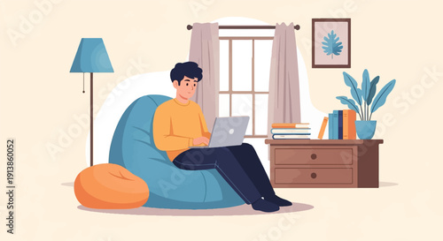 Person working on laptop on a beanbag chair indoors