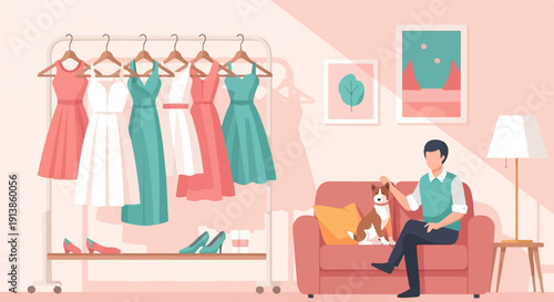 Person petting dog on sofa near dresses on rack and artwork
