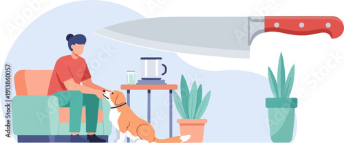 Person petting dog indoors with plants and kitchenware, abstract background