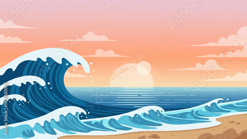 Pixelated ocean waves crash on a sandy beach at sunset