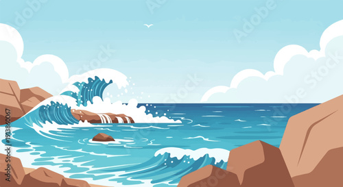Pixelated ocean waves crash against rocky shores under a blue sky