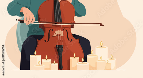 Person playing cello surrounded by glowing candles