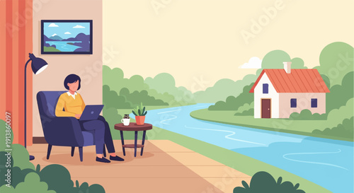 Person working remotely on a laptop by a river with a house