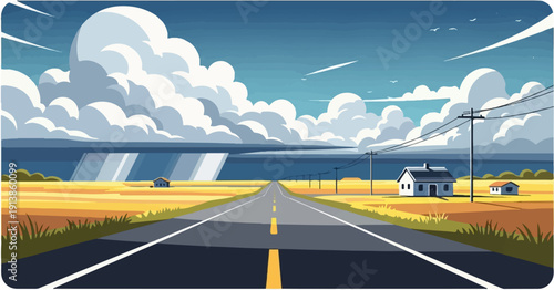 Pixelated rural landscape with highway, stormy clouds, and remote houses
