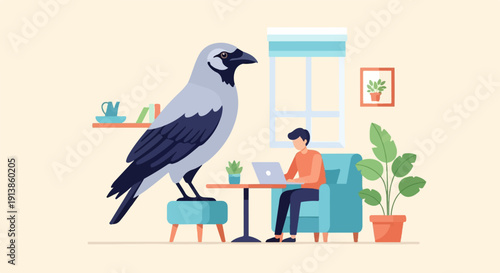 Person works on laptop while a large bird sits in a room