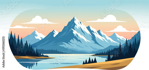 Pixelated snowy mountain range overlooking a calm lake with pine trees