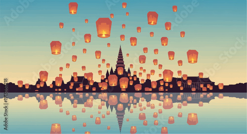 Pixelated sky lanterns float above a silhouetted city skyline at dusk, reflecting in water