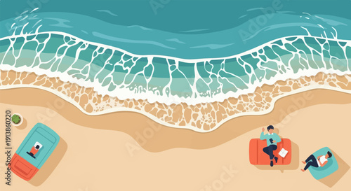 Relaxing on the beach with gentle waves, people enjoying leisure time