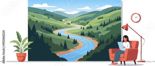 Person reads in armchair with lamp against scenic mountain river view