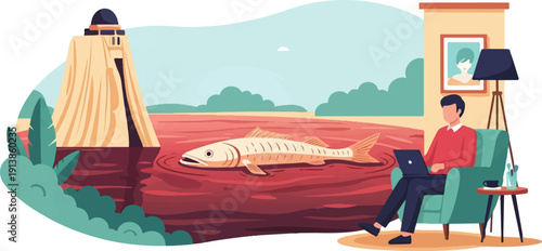 Person works remotely from home with a surreal fish and ancient structure