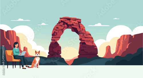 Person works remotely on laptop with dog beside them in a desert landscape