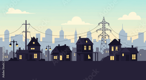 Pixelated suburban homes against a hazy city skyline at dusk