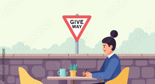 Person writing at a table with a coffee and plant, a give way sign behind