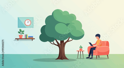 Person relaxes in a cozy chair by a large tree, reading on a tablet