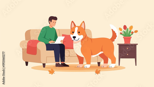 Person writing on paper on couch next to dog, with side table