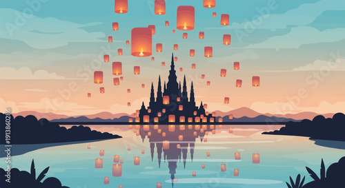 Pixelated sunset with floating lanterns above a dark castle and lake