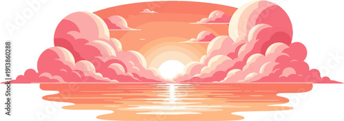 Pixelated sunset over calm water, soft pink and orange hues paint the sky