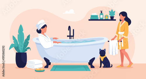 Relaxing spa scene with people, pet, and bathtub