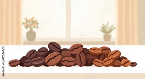 Pile of roasted coffee beans on a table with a window and plants in background