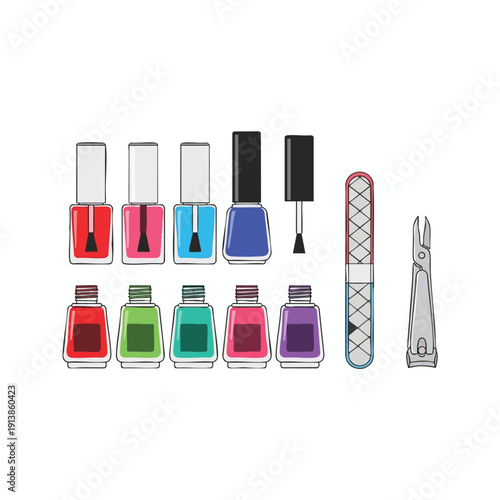 Colorful Nail Polish Bottles and Nail Care Tools