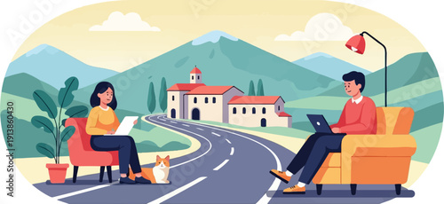 Remote work amidst serene landscape with two individuals and a dog