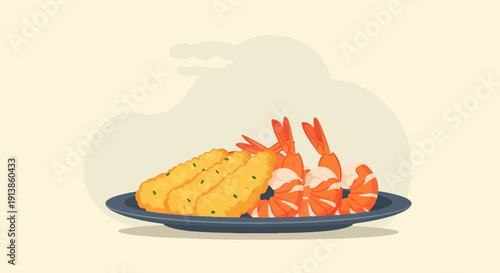 Plate of golden fried seafood, crispy batter coating savory prawns