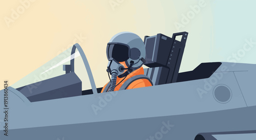 Pilot in cockpit of fighter jet against gradient sky