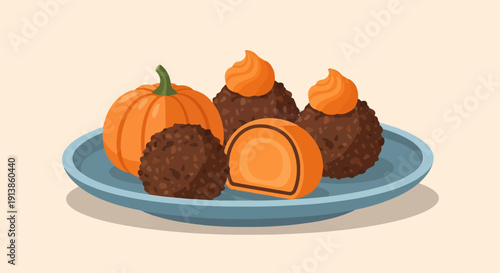 Plate of orange pumpkin, chocolate truffles and sweet candies