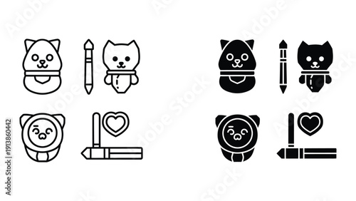 Cat and Pencil Icons in Black and White
