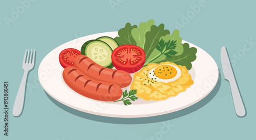 Plate of sausages, egg, and fresh salad with fork and knife