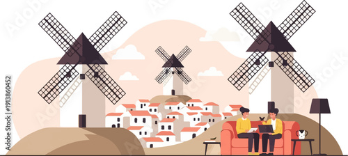 Remote work in a rustic village with windmills