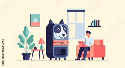 Person relaxing on a sofa with a laptop and a dog-shaped appliance