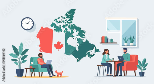 Remote work in Canada people with laptops, map, clock, plants