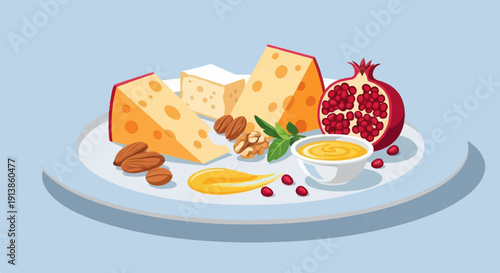 Plate with assorted cheeses, nuts, pomegranate, honey, and mint