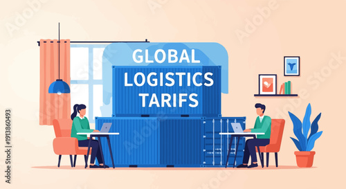 Remote workers analyze global logistics tariffs in a cozy, modern office setting