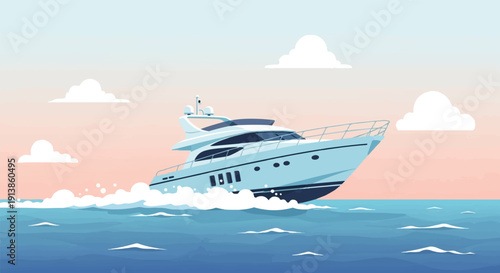 Pixelated yacht cruises on a pastel sea with puffy clouds