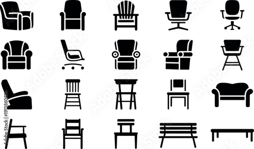 Comprehensive black silhouette furniture icon set featuring various chair styles armchairs sofas benches and office seating for interior design.