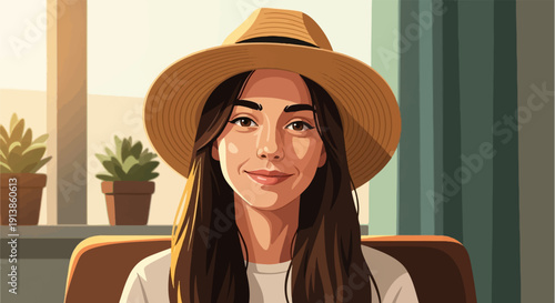 Portrait of a smiling young woman in a straw hat and casual attire